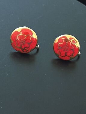 Vintage Red and Gold Hand Painted Ceramic Round Screw Back Clip Earrings